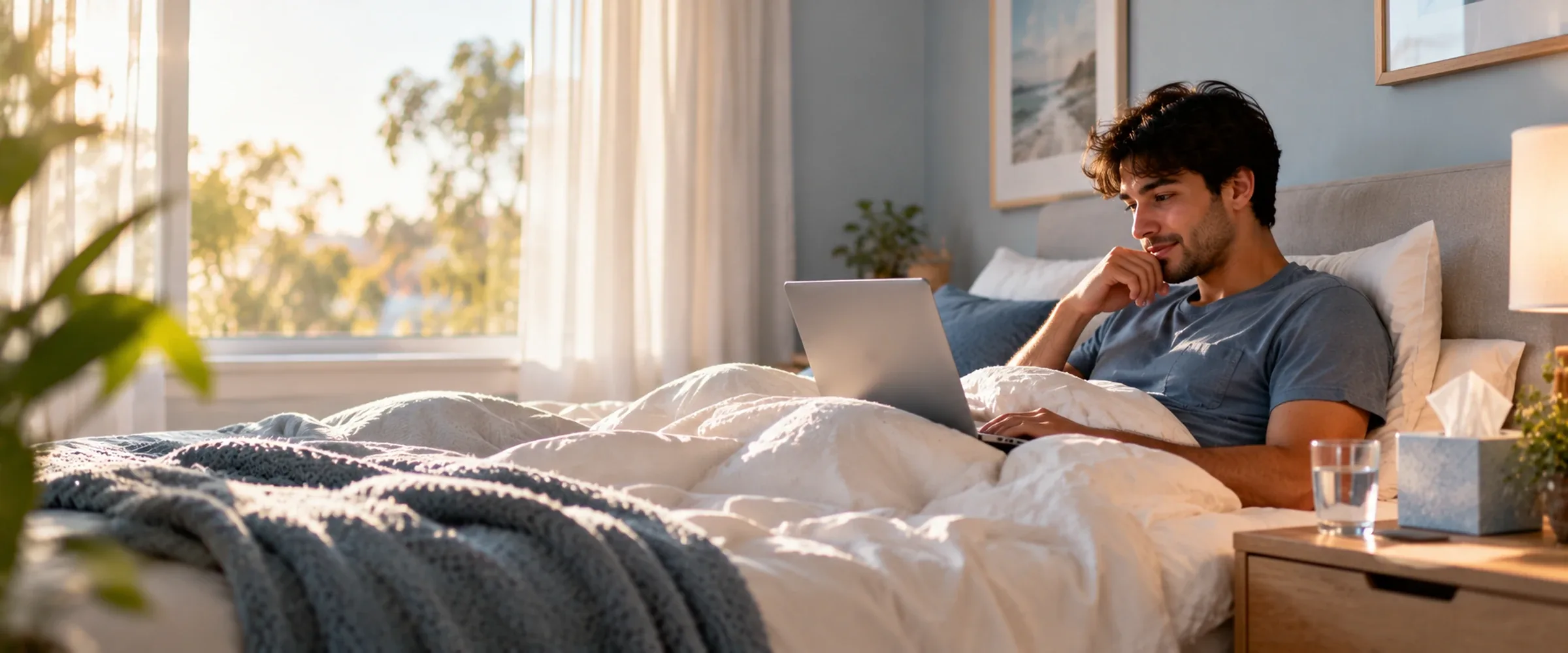 Young man resting in bed with a laptop