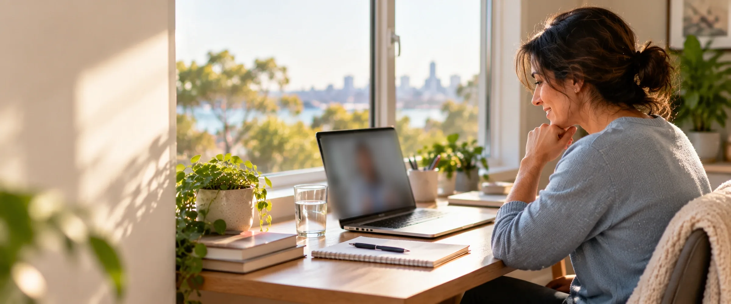 Woman at her home desk on a video consultation with a GP