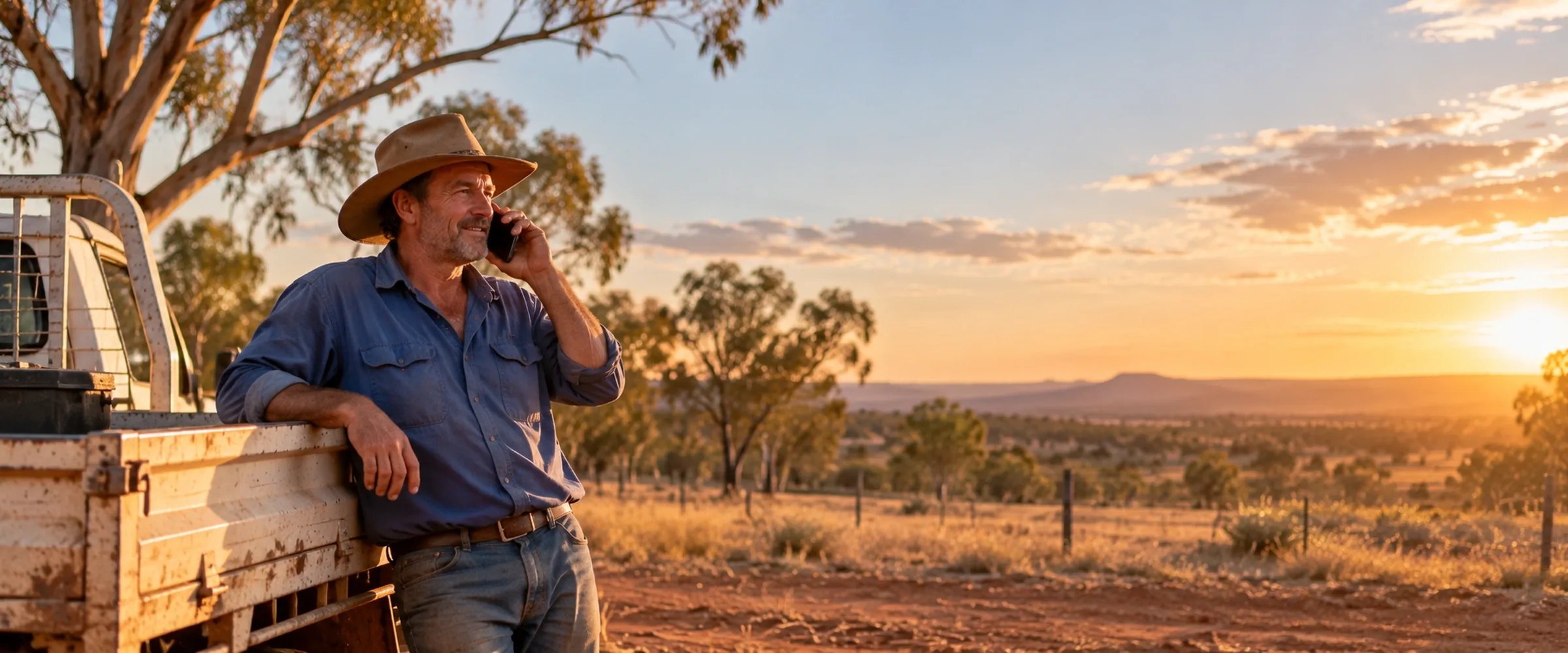 Man in a wide-brim hat talking on his phone beside a ute in regional Australia