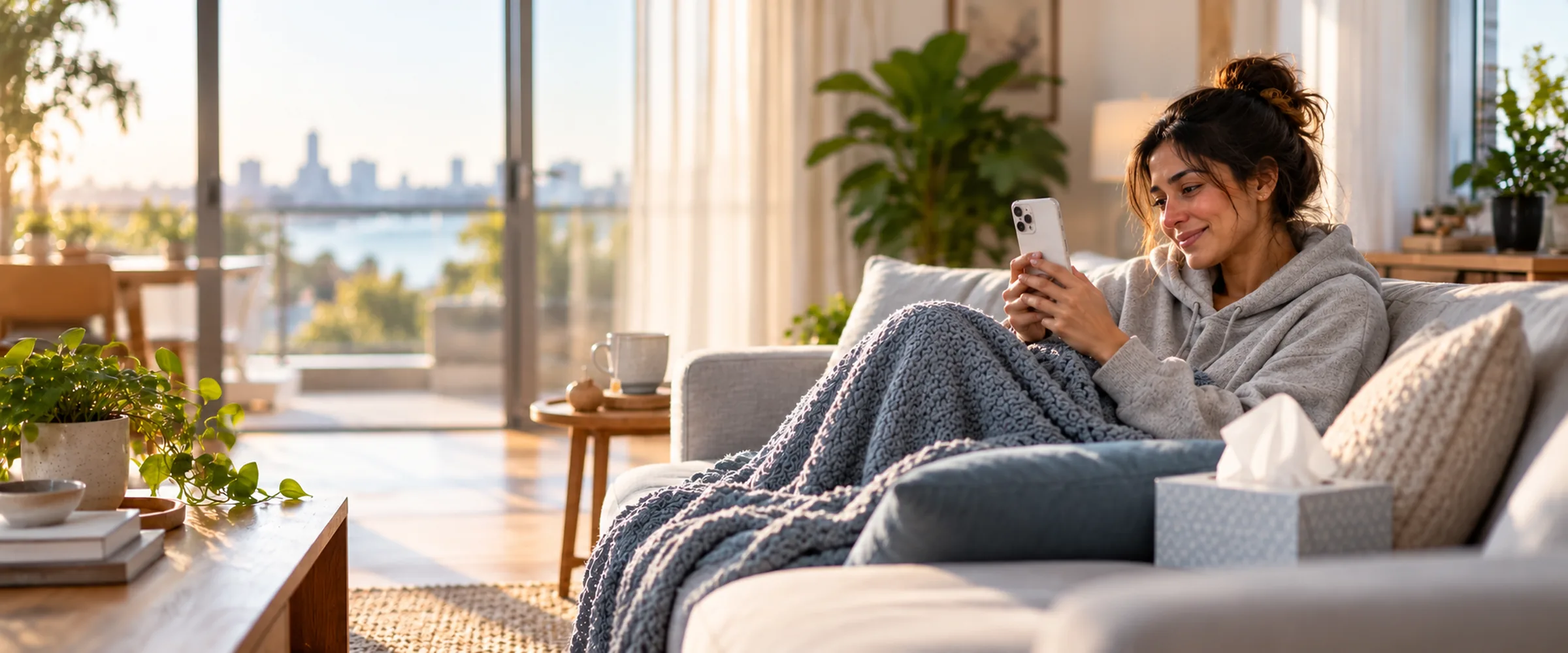 Woman wrapped in a blanket on her couch, talking to a GP on her phone