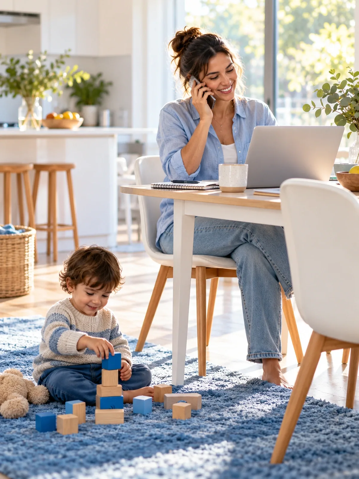 Mum working from home at her kitchen table on a phone call while her toddler plays beside her