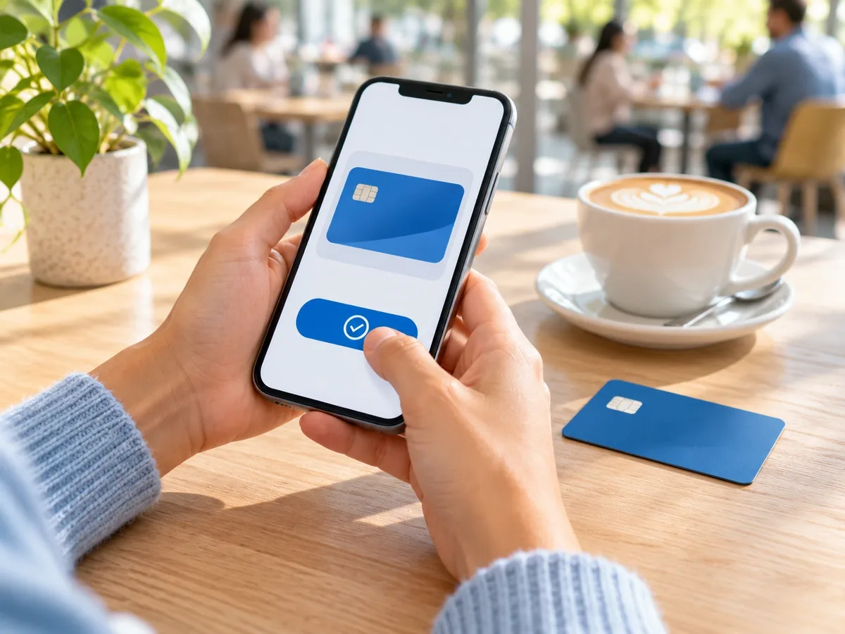 Person paying on their phone with a card on a light timber table with a coffee