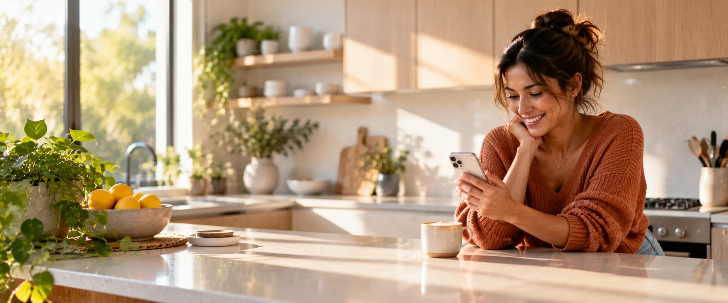 Relaxed woman at a sunny kitchen bench checking a booking confirmation on her phone with a coffee