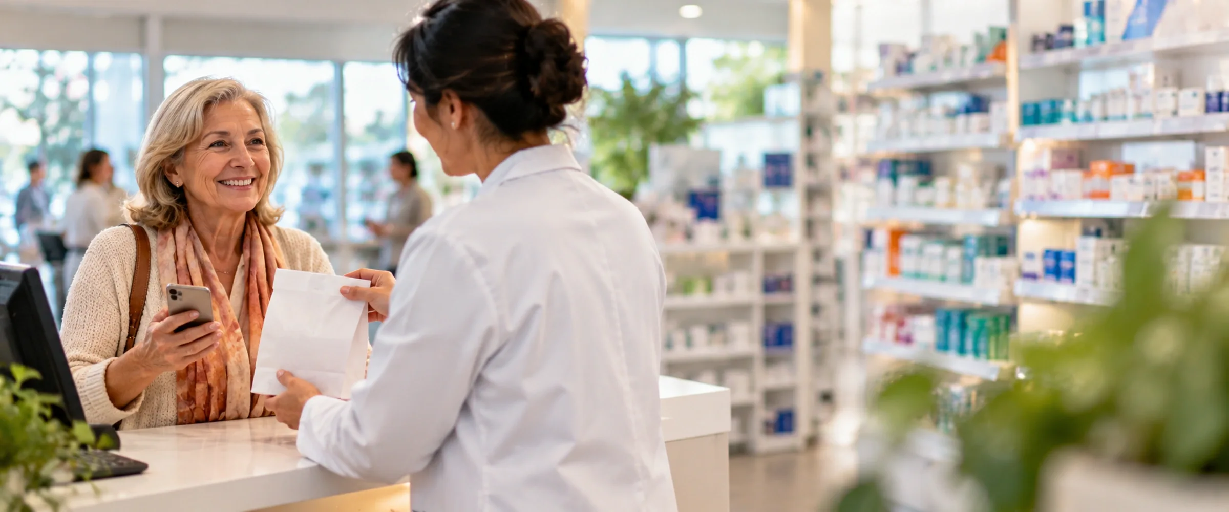 Pharmacist handing a medication bag to a woman holding her phone with an eScript