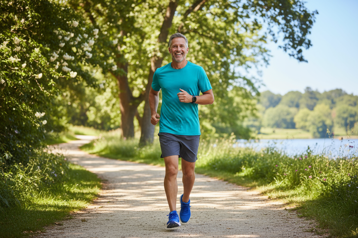 happy healthy middle aged man jogging 