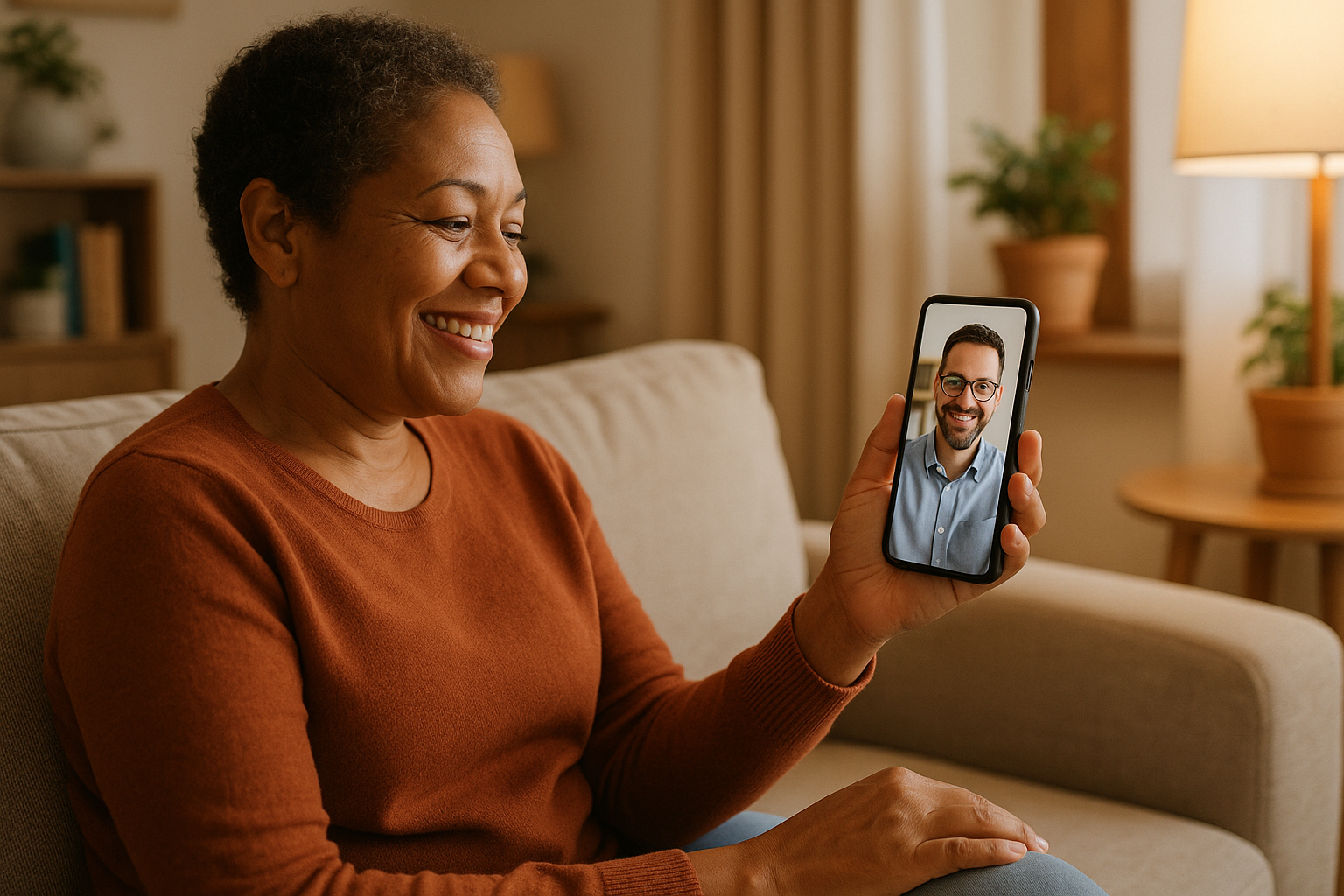 Happy patient using phone to speak with telehealth doctor (Doctor should not be wearing white coat)