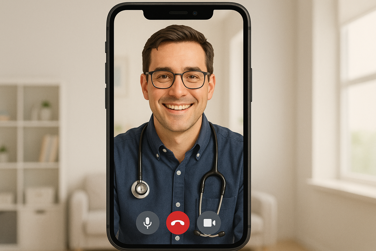 Image of telehealth doctor from mobile screen - not wearing white coat 