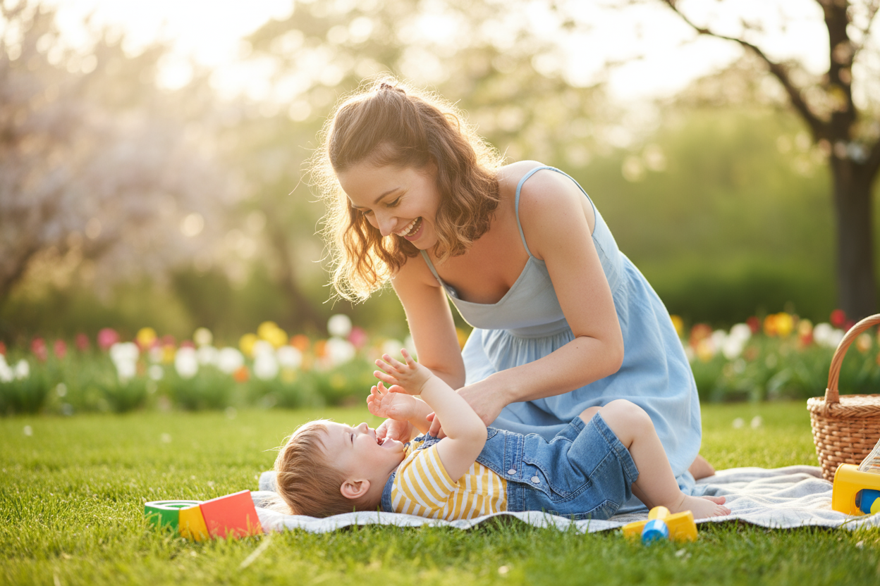 mother playing with happy child 